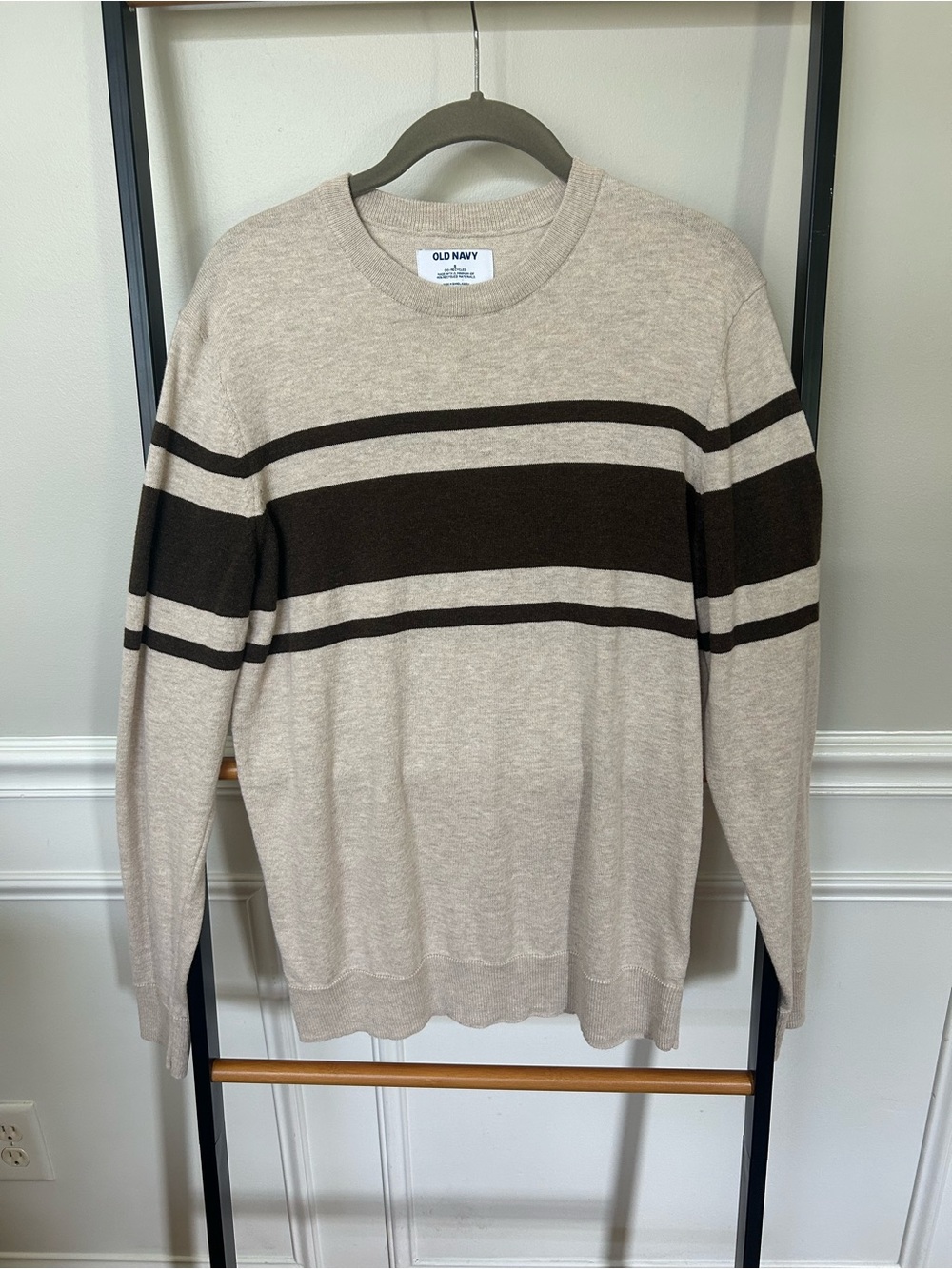Old Navy Men's Beige Crewneck Sweater with Brown Stripes